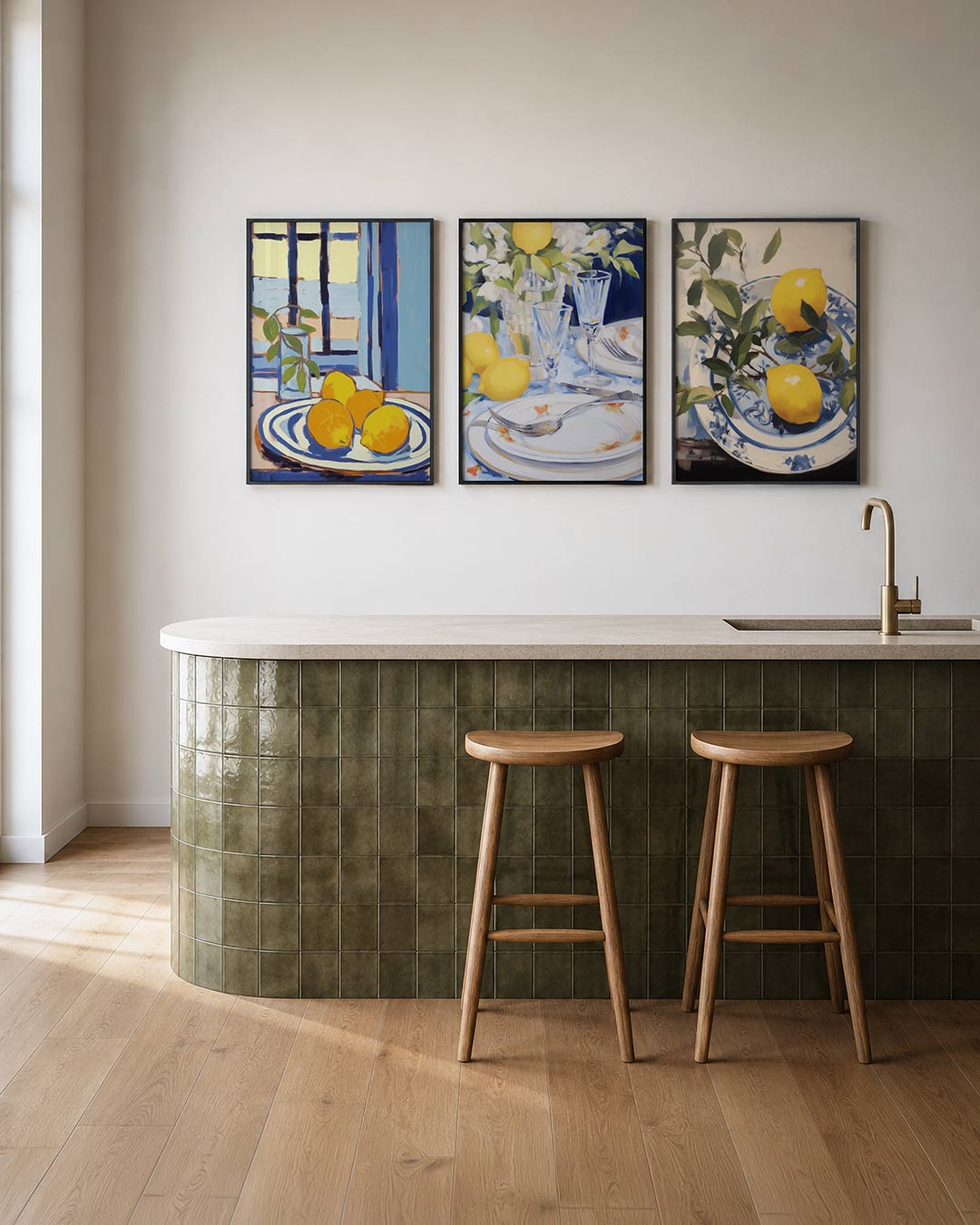 Citroenen en blauw posterset – tweede productweergave – heldere gele citroenen op een gestreept bord, omlijst door