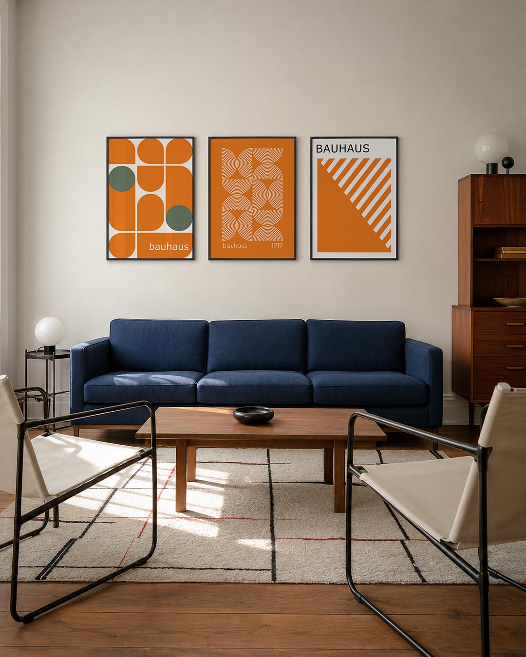 Vormen en vlakken driedelige posterset – deze posterset in drie delen toont een speelse combinatie van oranje en grijze