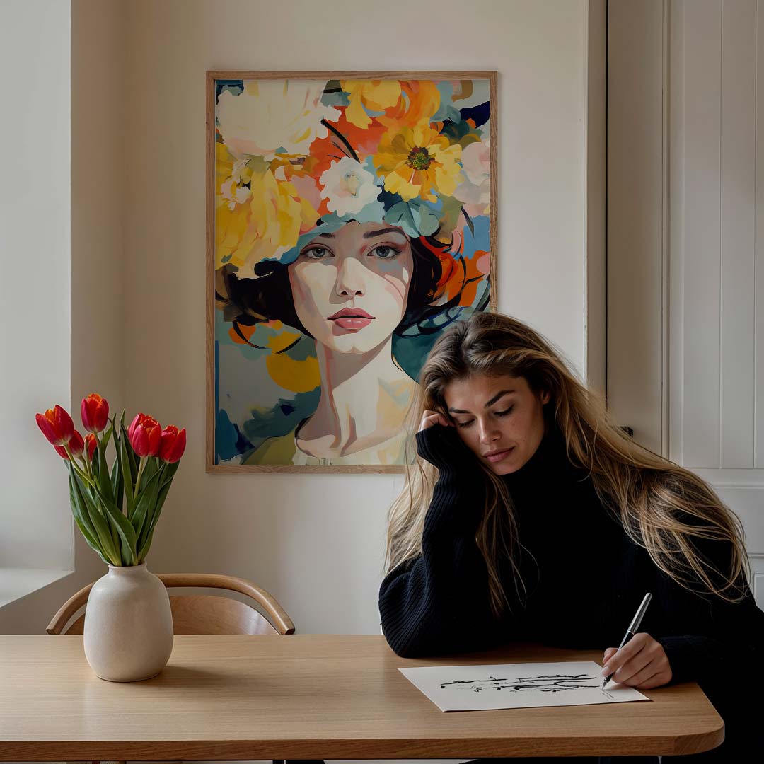 Bloemenkrans Damesportret – staande vrouwelijke wanddecoratie van WallArtistic