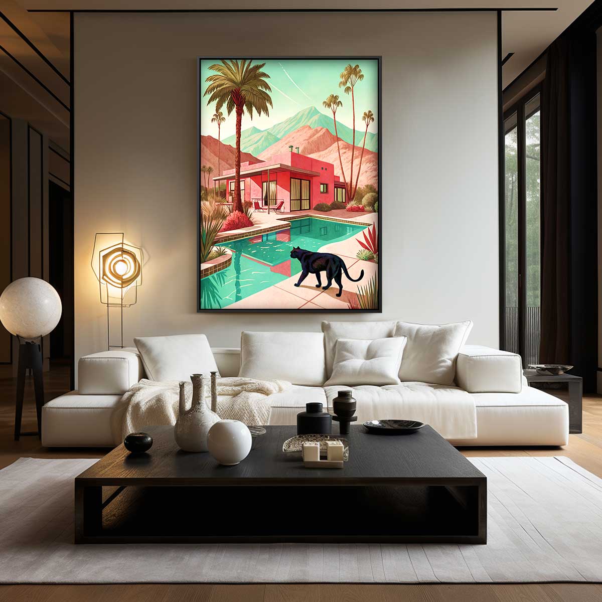 Casa da sogno moderna con opera d'arte di un gatto nero