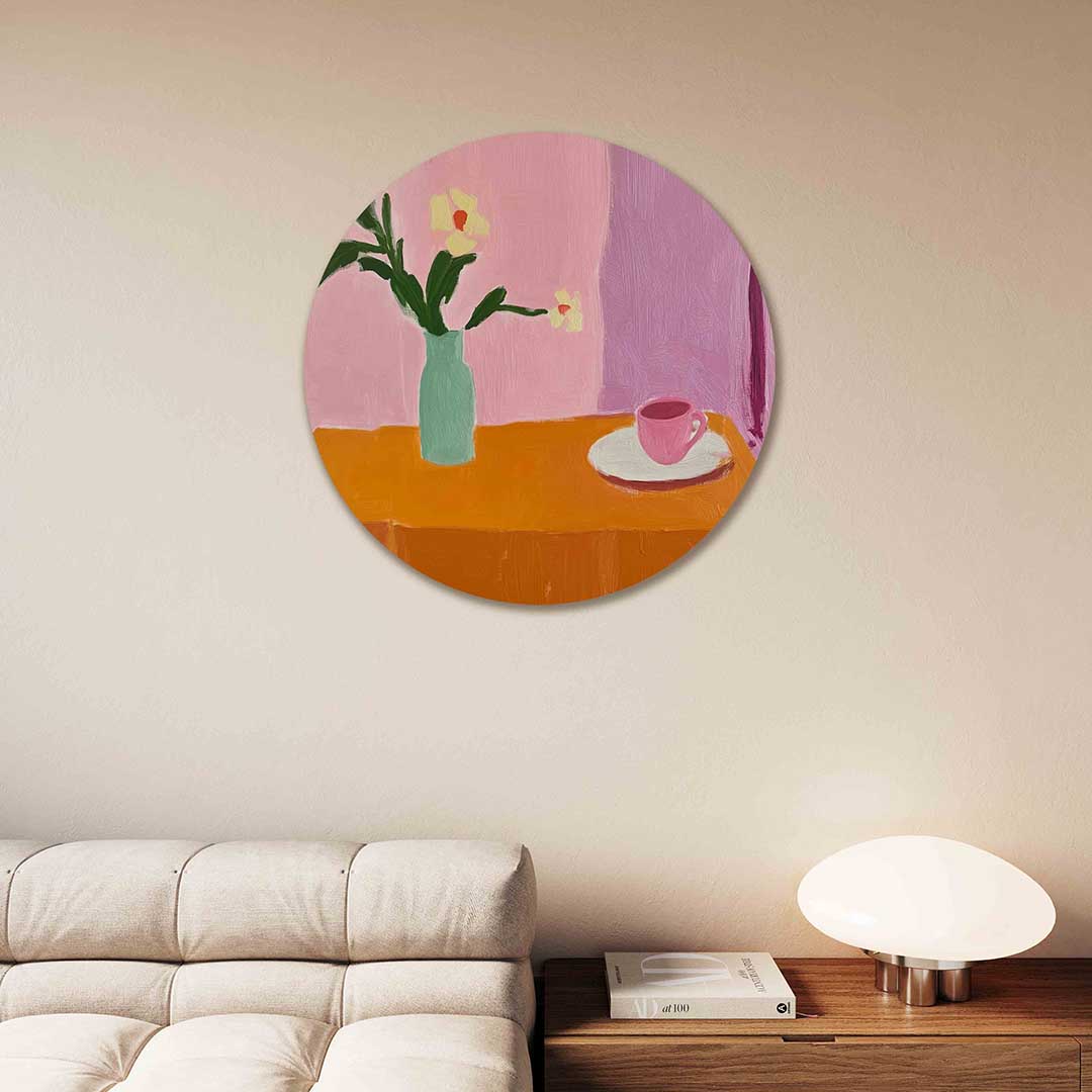 Bloemen en kopje – moderne abstracte muurcirkel voor aan de muur