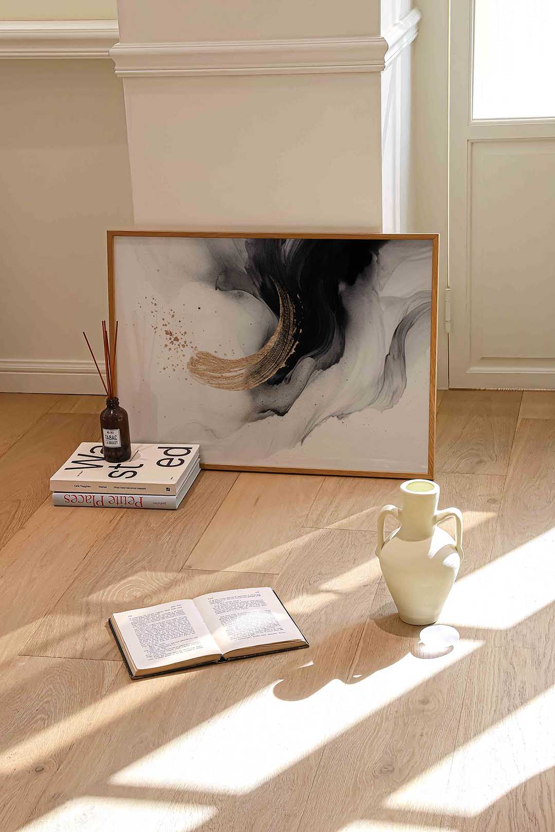 Abstracte penseelstreek – liggende abstracte wanddecoratie van WallArtistic