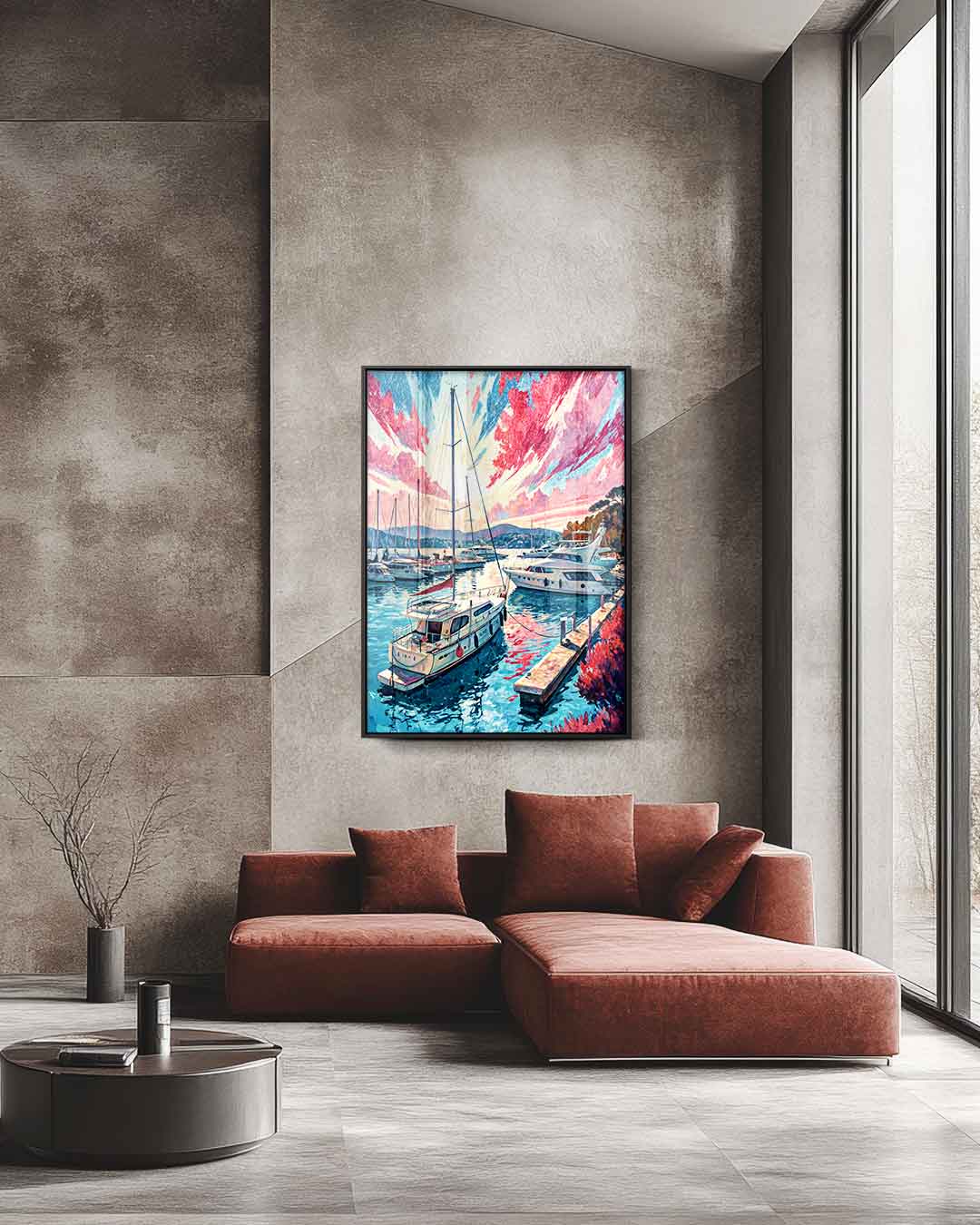 Magische Havenscène bij Zonsondergang – staande wandkunst voor woonkamer of interieur