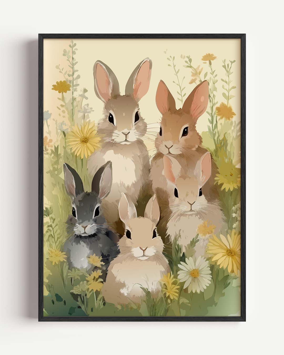 Vrolijke Konijntjes in Bloementuin – kids portret poster als wanddecoratie