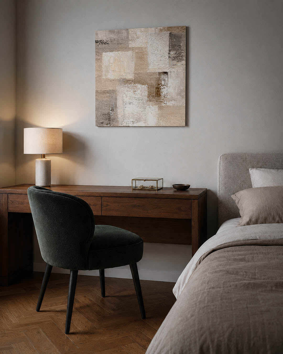 Geometrische texturen kunstwerk – sfeerbeeld – dit werk toont een compositie van rechthoekige vormen in zachte tinten. De