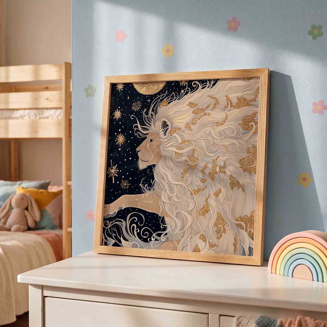 Leeuw met sterren – speelse wandkunst als vierkante kinderposter