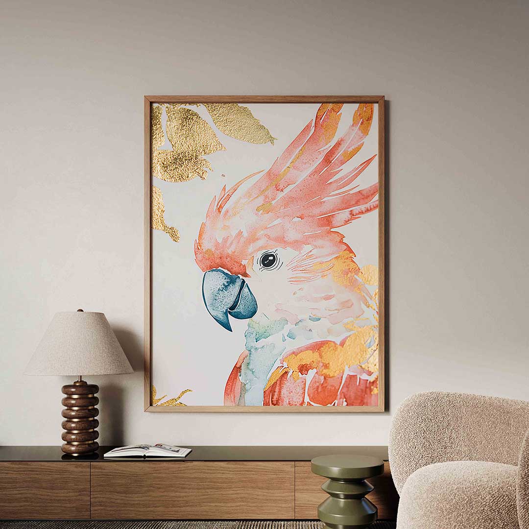 Papegaai met gouden bladeren – dieren poster in staand formaat