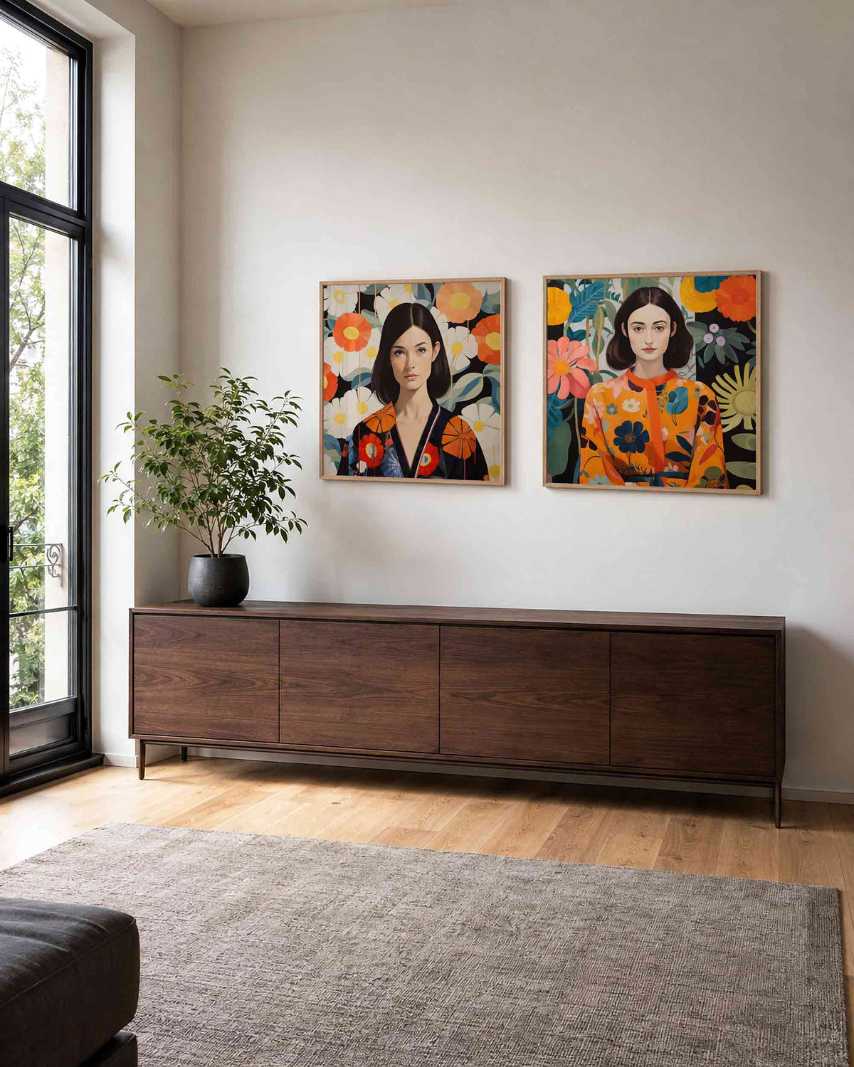Interieurpresentatie van een tweedelige vierkante posterset met bloemenportretten