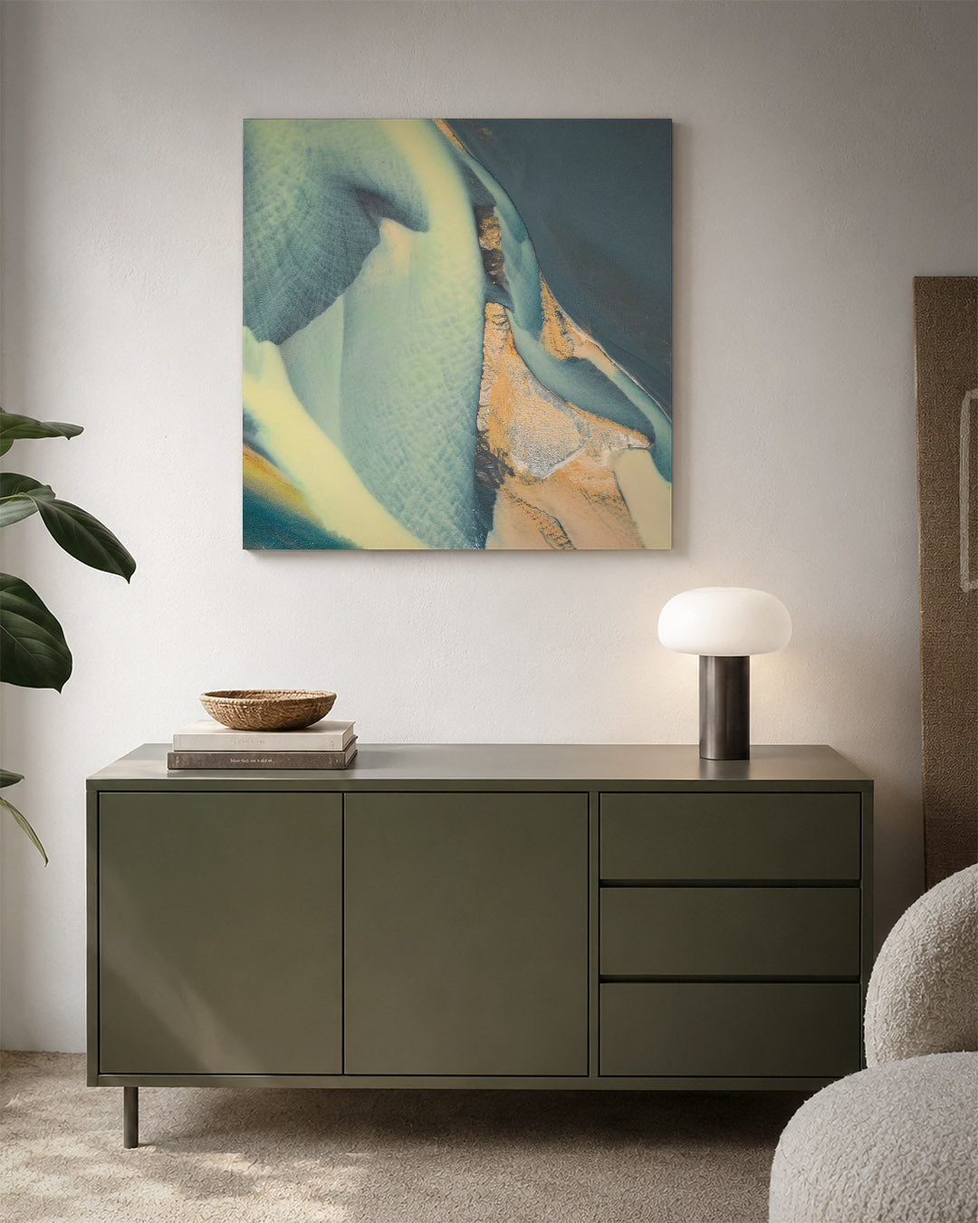 Organische vormen kunstwerk – detailweergave – deze kunstwerk toont vloeiende, organische vormen in zachte tinten. De kleuren