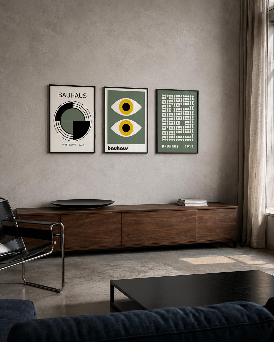 Cirkel en lijnen driedelige posterset – deze posterset in drie delen toont een centrale cirkel met zwart en groen, omringd