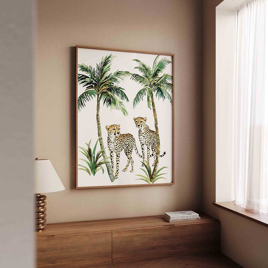 Luipaarden en palmbomen – tropische wandkunst als portret poster