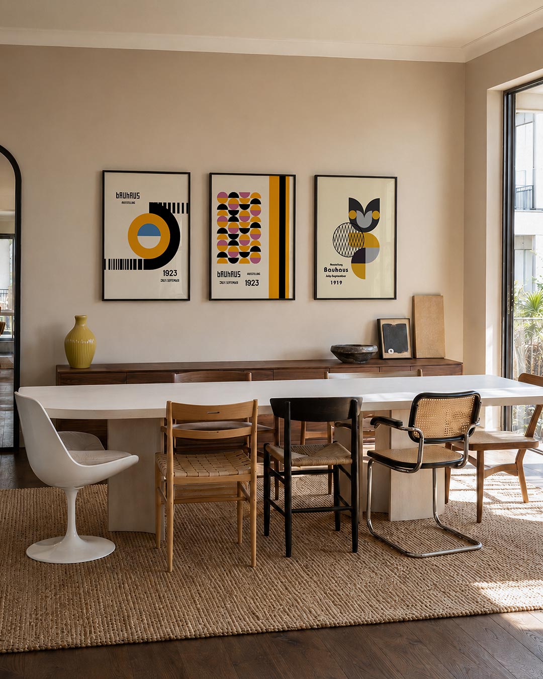 Cirkel en lijnen driedelige posterset – deze posterset in drie delen toont een grote oranje cirkel met een blauw-wit centrum