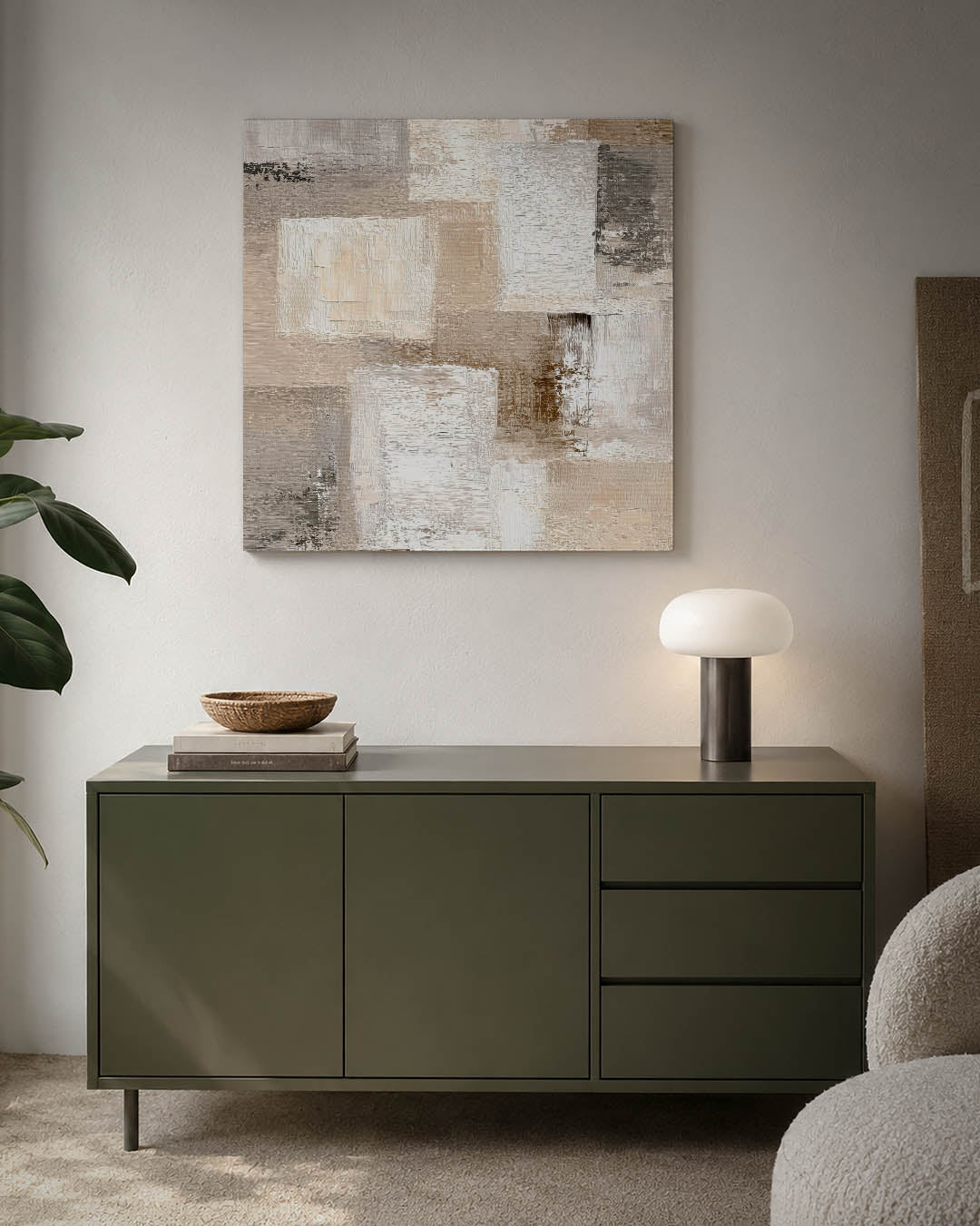 Geometrische texturen kunstwerk – detailweergave – dit werk toont een compositie van rechthoekige vormen in zachte tinten. De