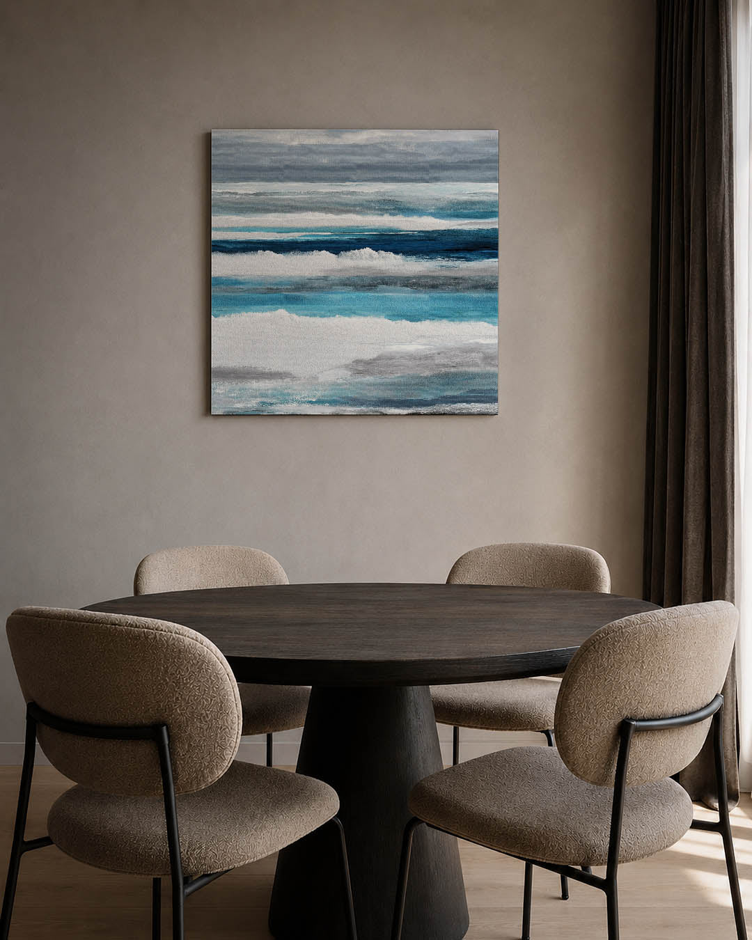 Horizontale kleurenlagen kunstwerk – tweede productweergave – dit werk toont horizontale lagen in verschillende tinten blauw