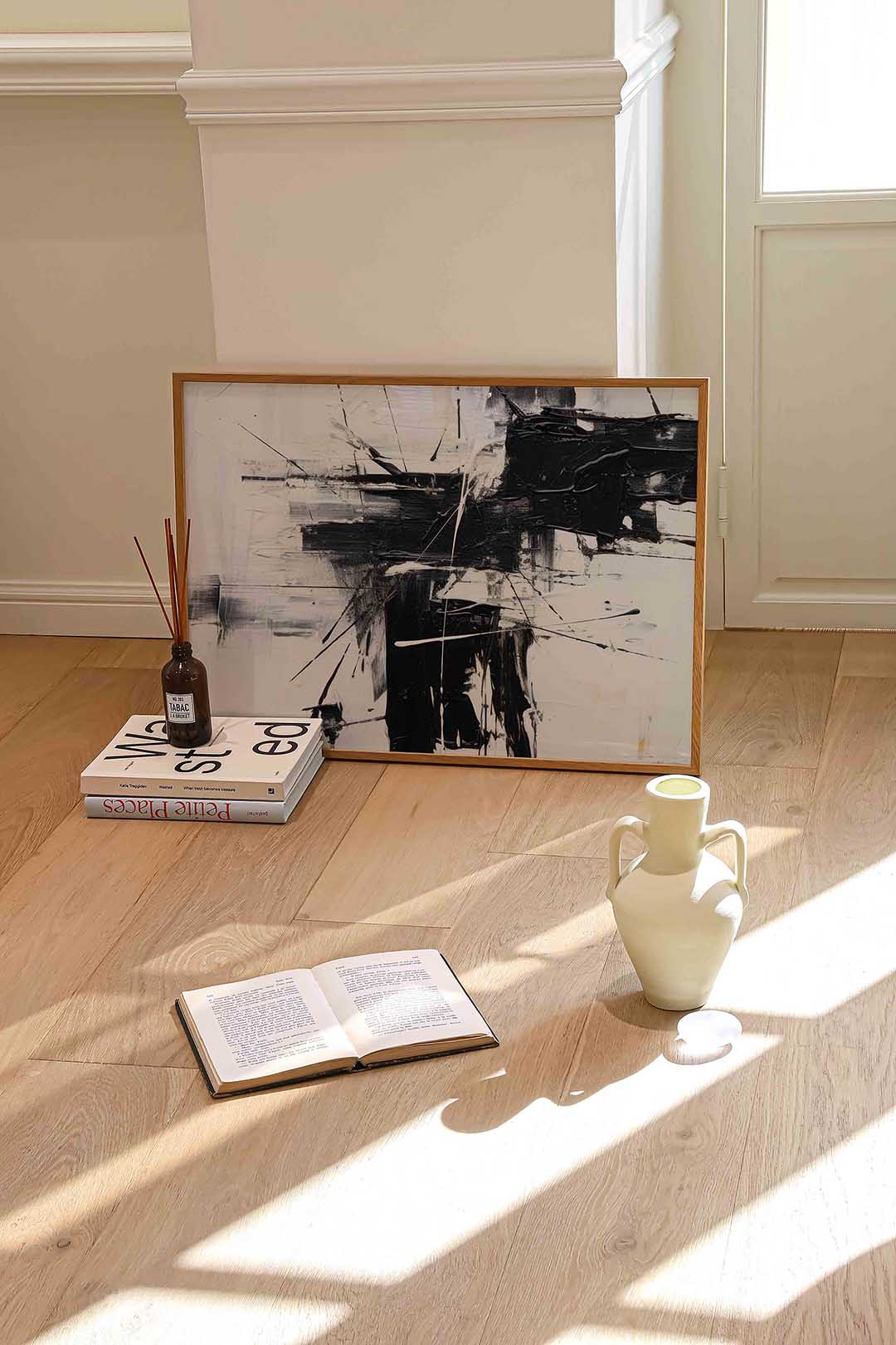 Abstracte zwart wit – liggende abstracte wanddecoratie van WallArtistic
