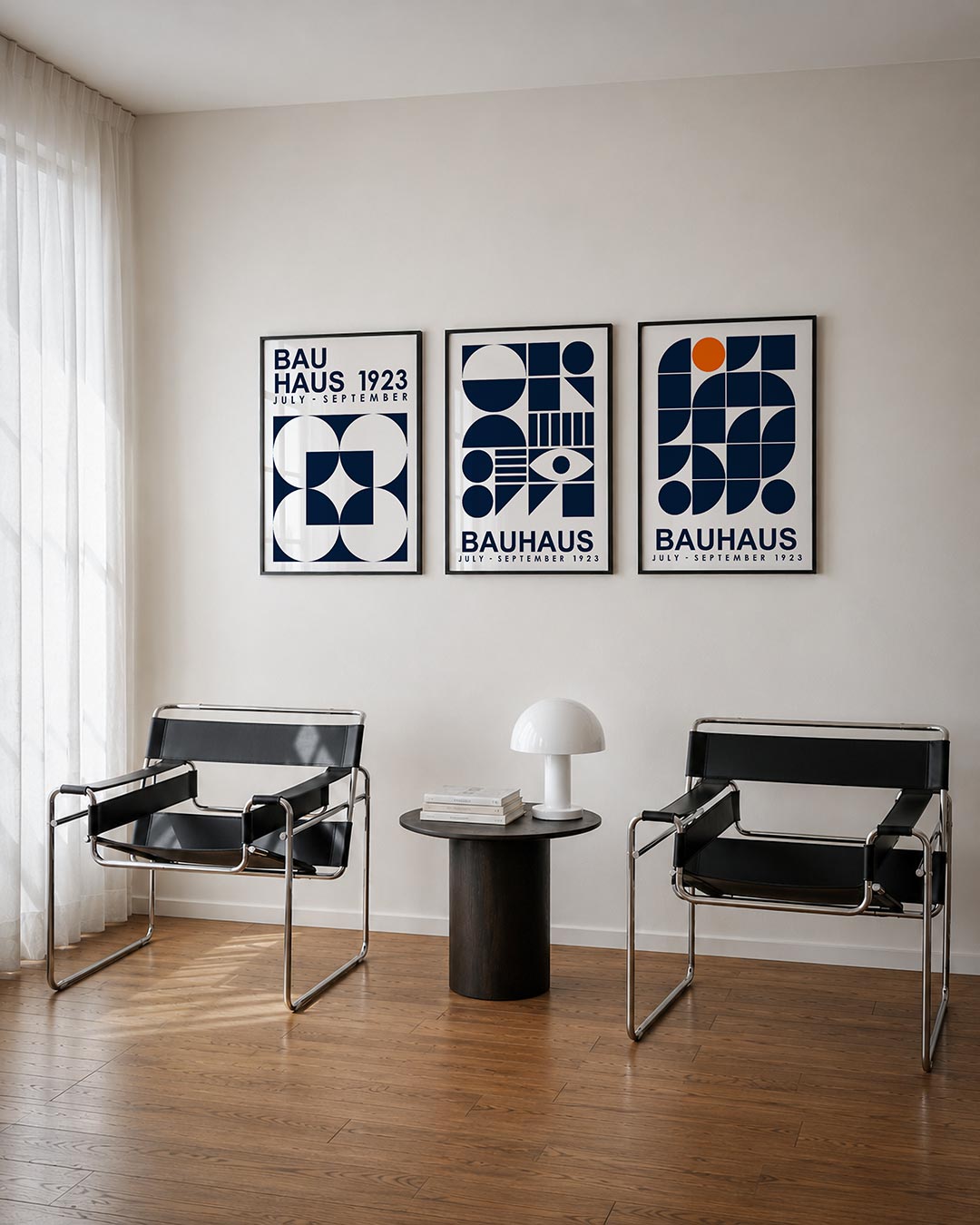 Vormen en vlakken driedelige posterset – deze posterset in drie delen toont een spel van cirkels en vierkanten in donkerblauw