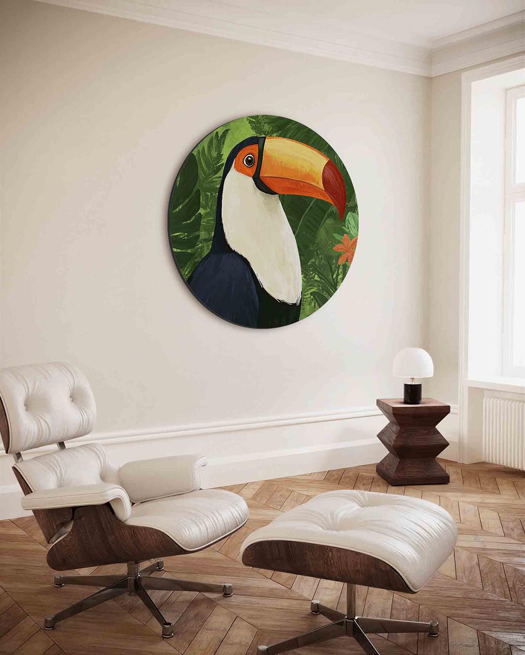 Toekan en bladeren – kleurrijke ronde wanddecoratie van WallArtistic