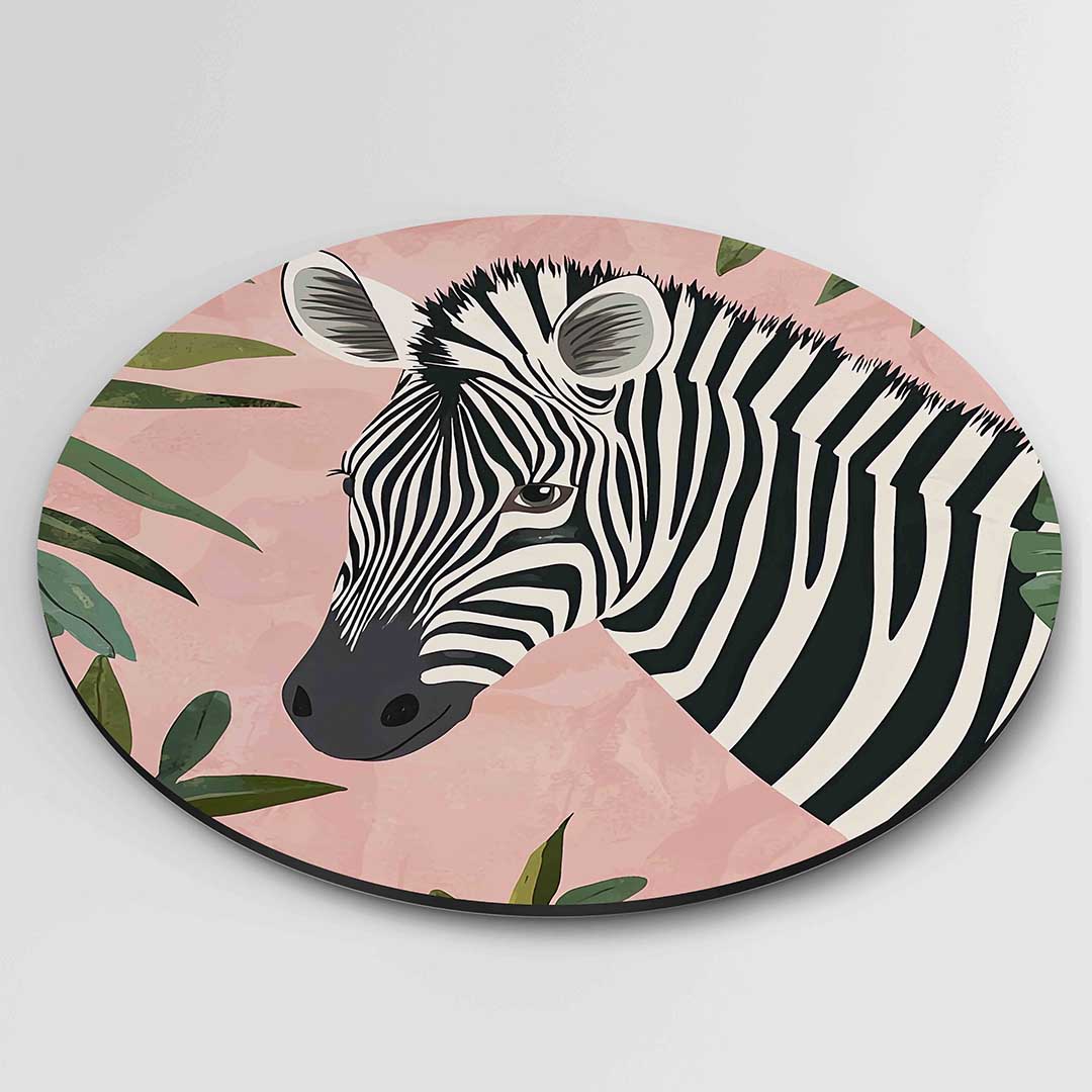 Zebra en bladeren – geïllustreerde wandkunst als moderne muurcirkel