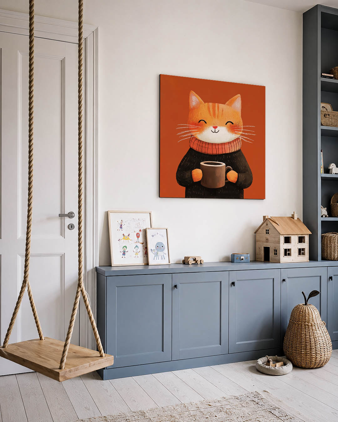 Vrolijke kat illustratie kunstwerk – vierkante wanddecoratie – een vrolijke kat met een warme trui en een kopje koffie tegen