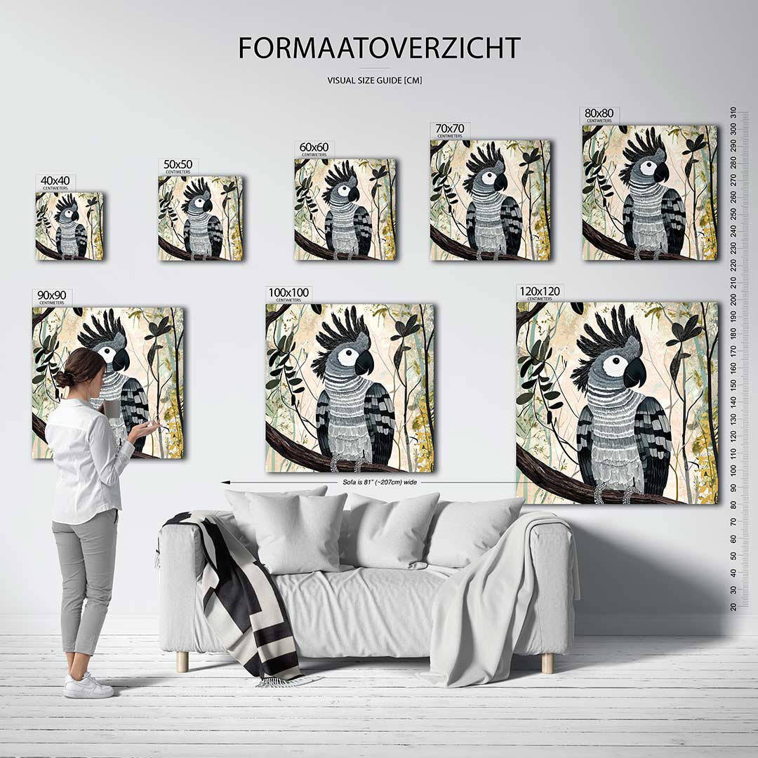 Vogelsilhouet in natuur kunstwerk – dit werk toont een gedetailleerde vogel met zwart-witte veren, zittend op een tak. De