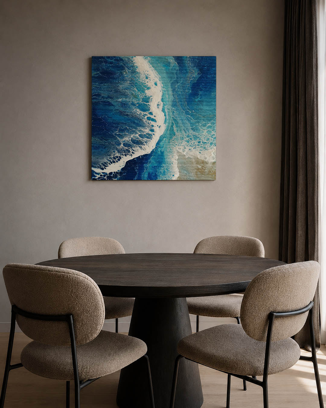 Dynamische oceaan golf kunstwerk – tweede productweergave – dit kunstwerk toont een vloeiende beweging van blauwe en witte