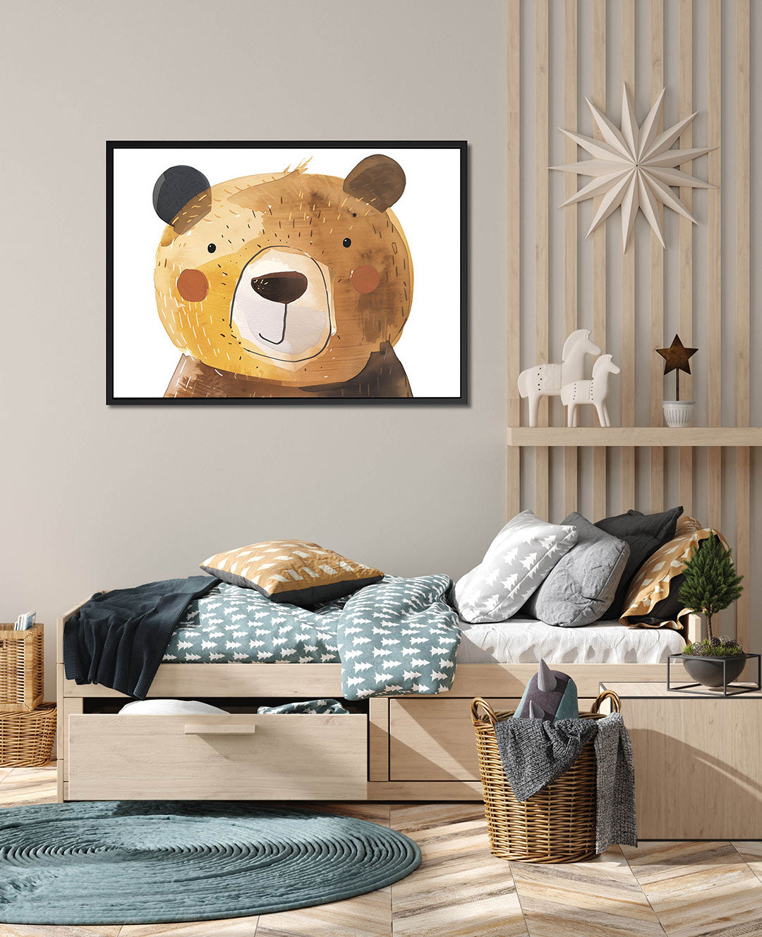 Vrolijke beer illustratie – Kinder kunstwerk – wanddecoratie in interieur