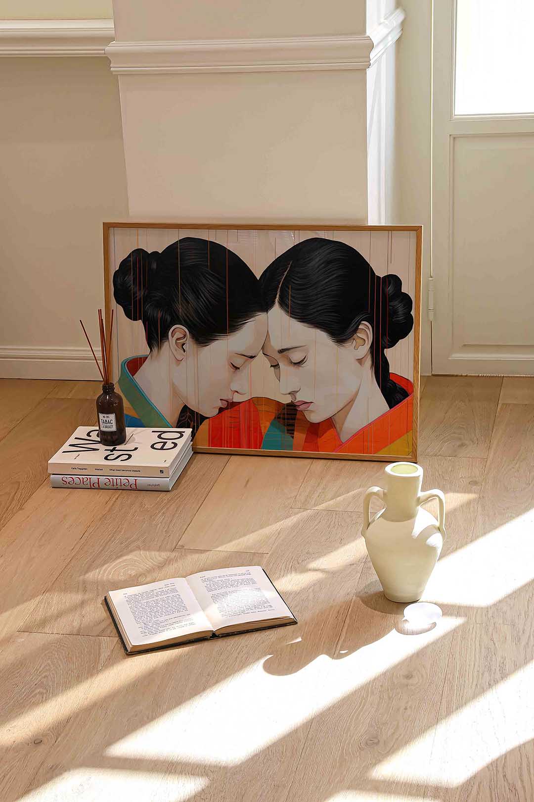 Twee figuren met gesloten ogen – liggende portret wanddecoratie van WallArtistic