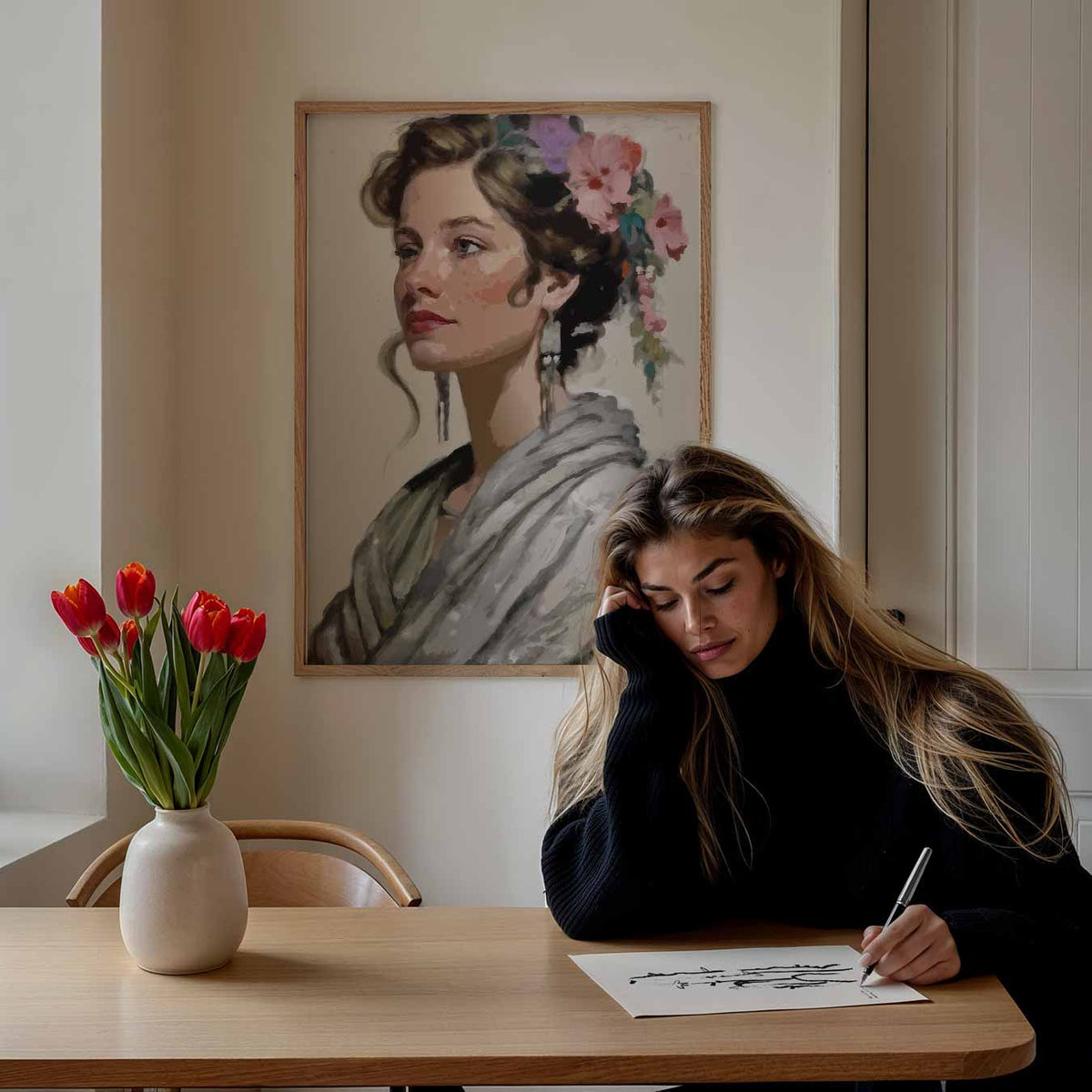 Vrouwelijke Elegantie In Bloemenpracht – paasposter in staand formaat