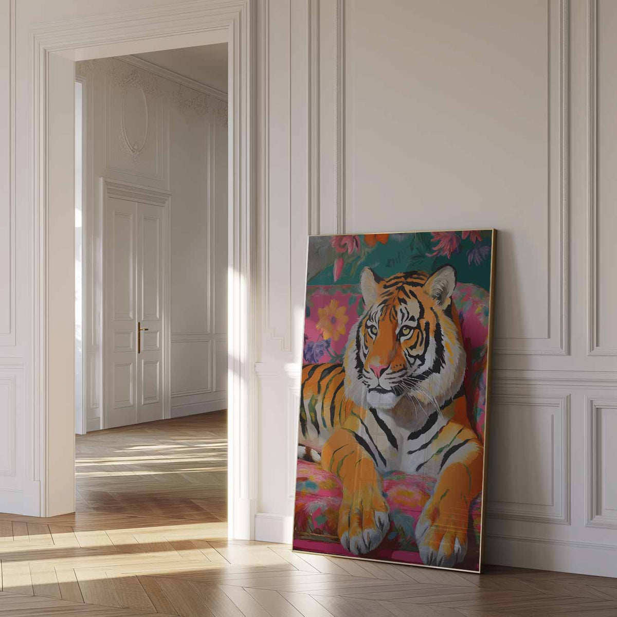 Tropische Tijger in Bloemenweelde – dierenposter als moderne staande wanddecoratie