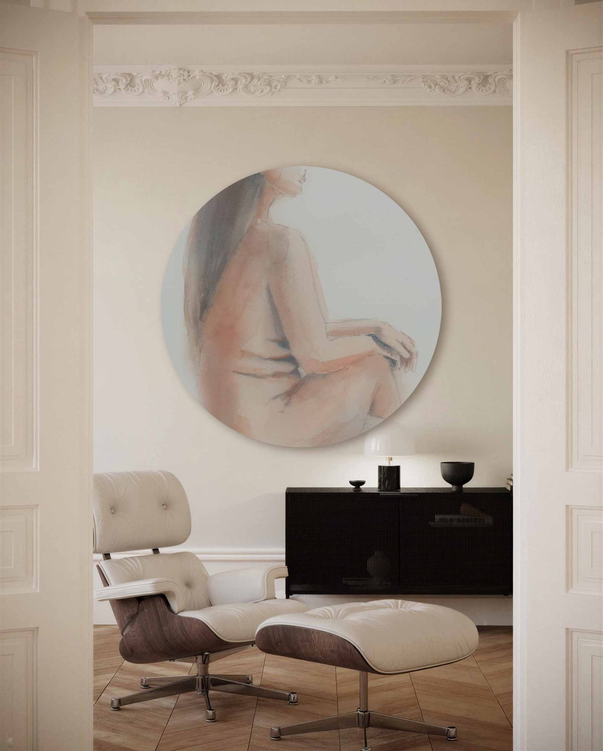 Zittende figuur – illustratie muurcirkel als ronde muurdecoratie