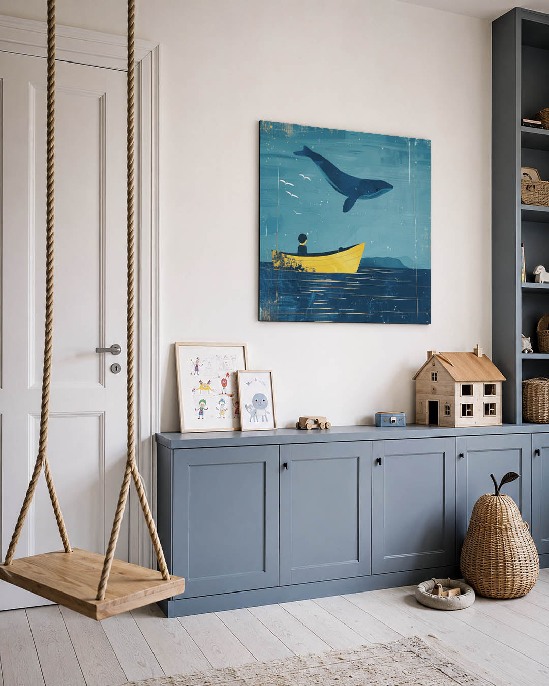 Dromerige zeevaart kunstwerk – vierkante wanddecoratie – dit kunstwerk toont een serene zee met een grote walvis boven een