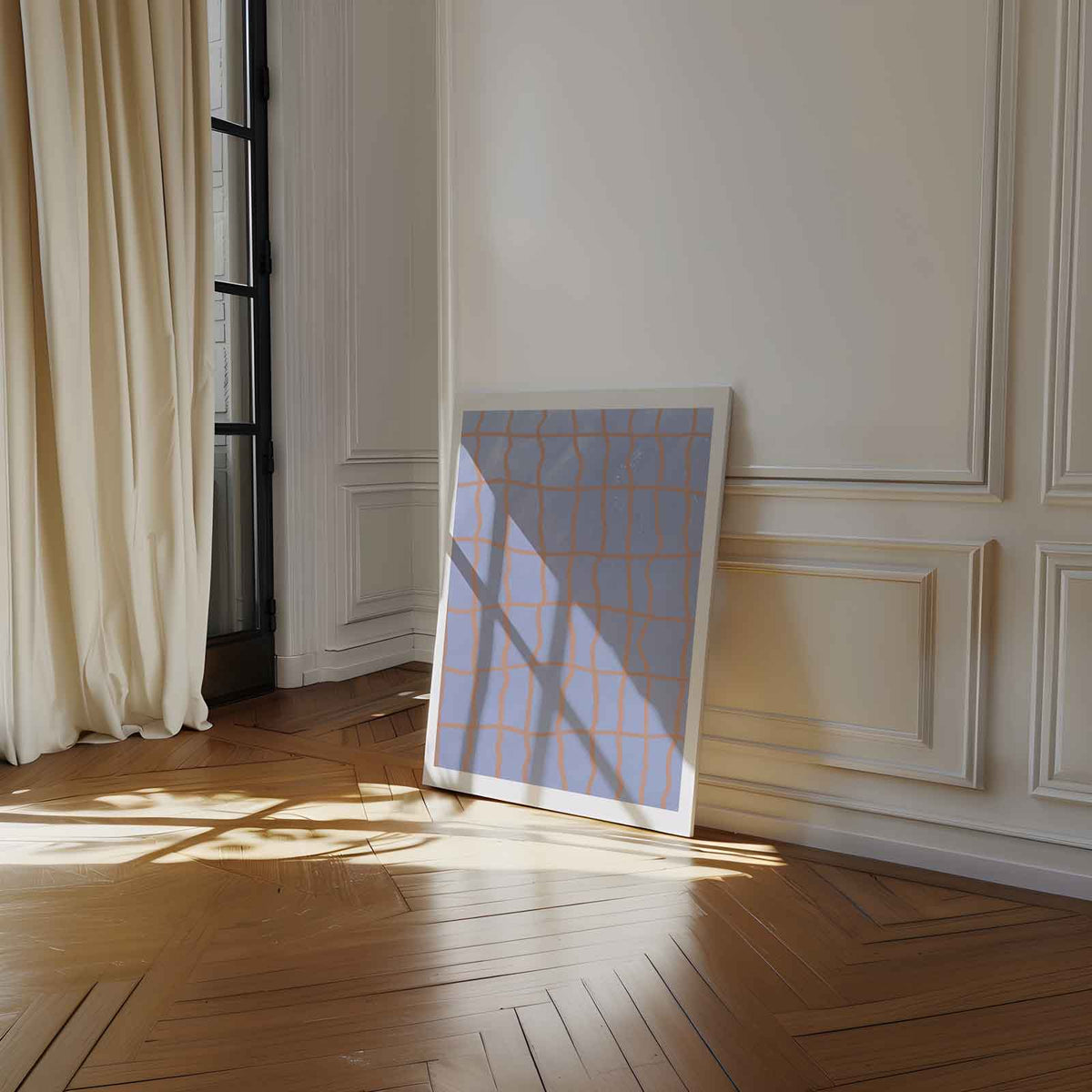 Speels Blauwe Abstractie – kunstwerk met zwarte baklijst