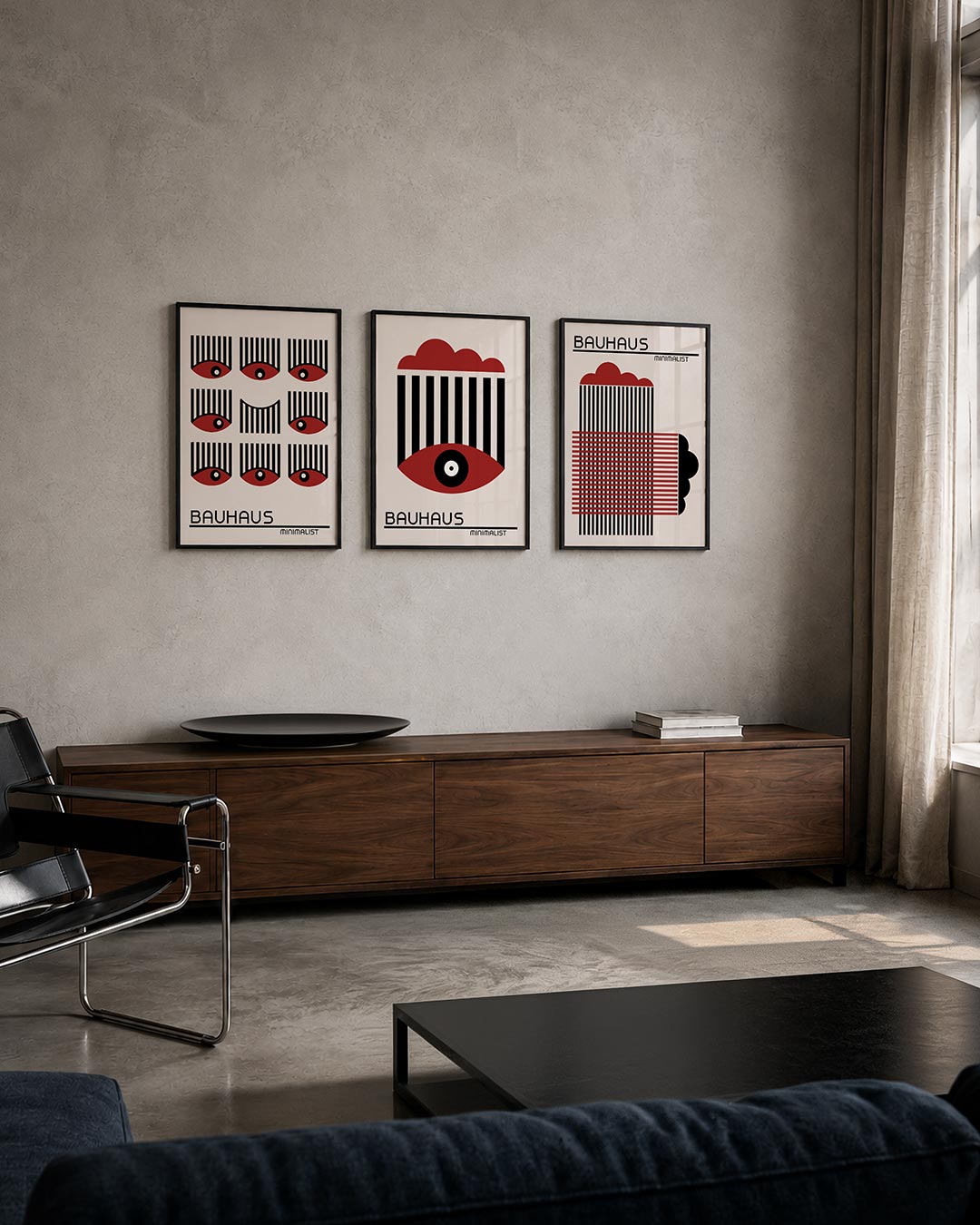 Oogpatroon en lijnen posterset – tweede productweergave – deze posterset in drie delen toont een ritmisch spel van zwarte