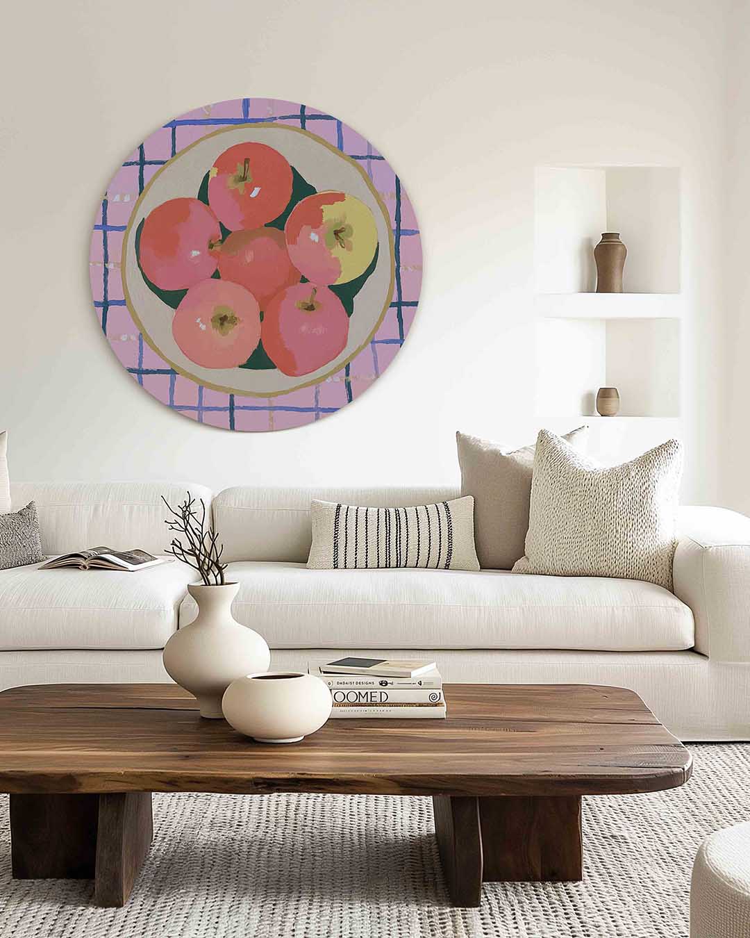 Appels in schaal – muurcirkel met kleur en vormen voor aan de muur