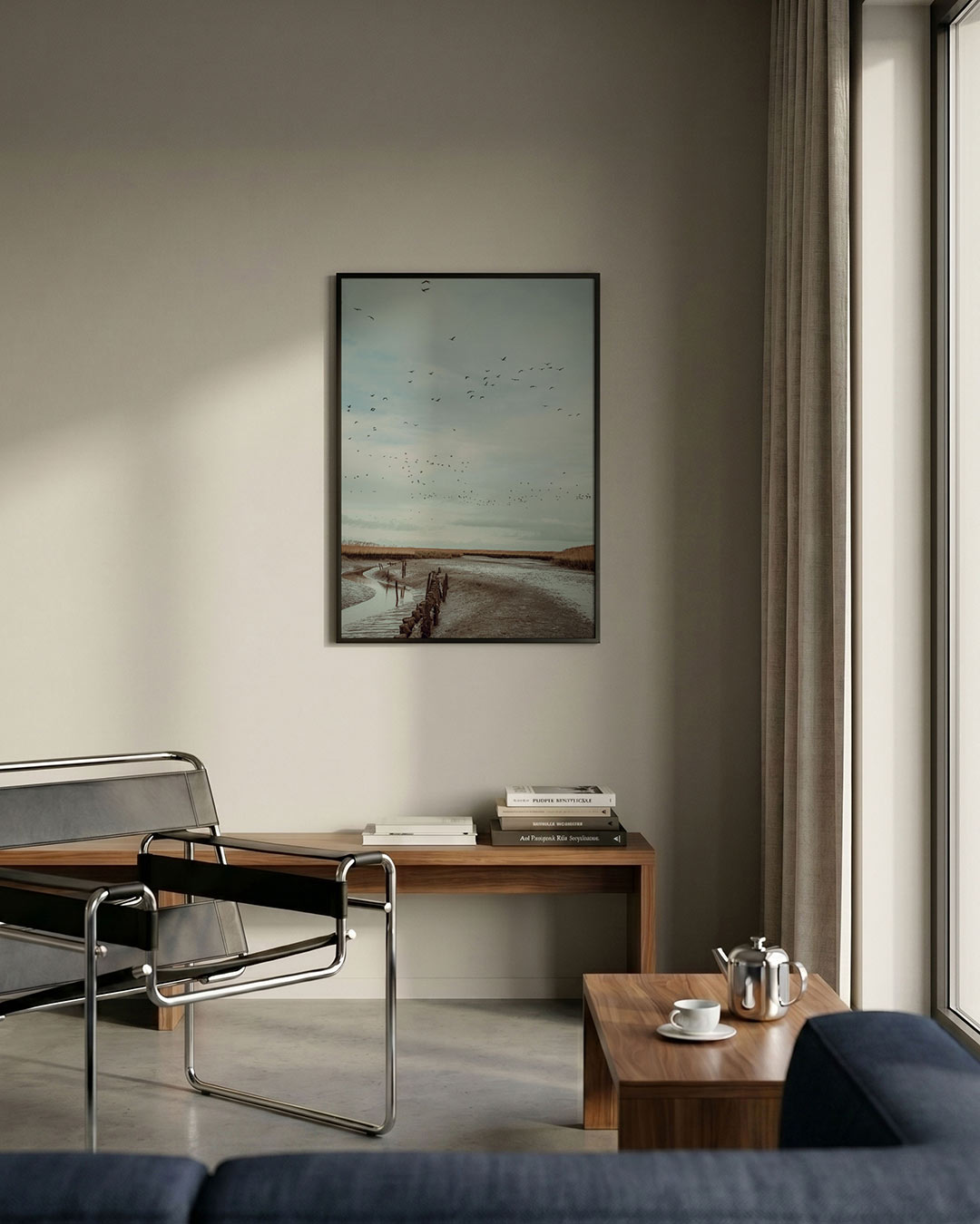 Vogels boven landschap poster – detailweergave – een serene lucht vol vogels boven een uitgestrekt landschap met water en