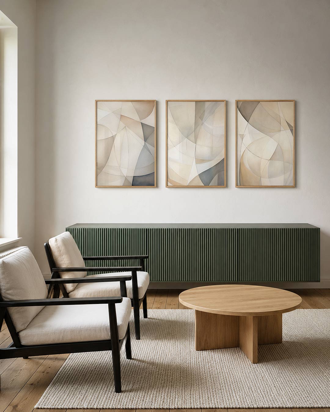 Vloeiende vormen – deze posterset in drie delen toont zachte, overlappende kleurvlakken in beige – weergave 2