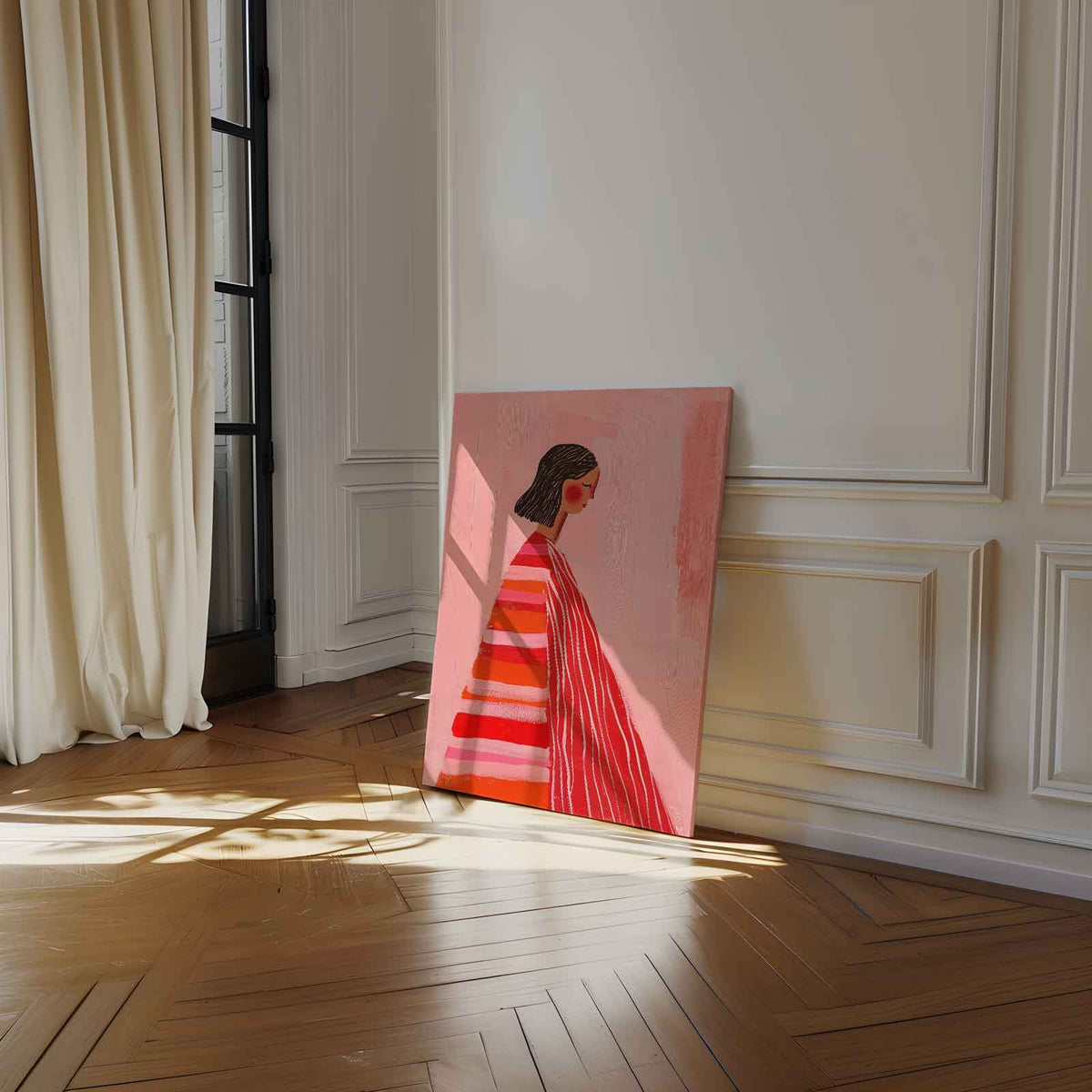Vrouw in Roze en Rood – dibond kunstwerk als wanddecoratie