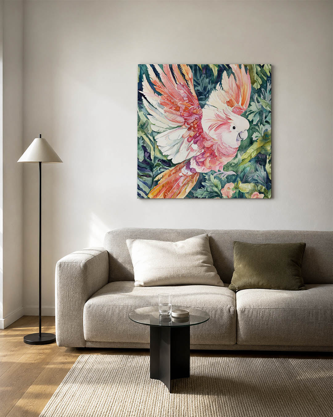 Vrolijke papegaai kunstwerk – detailweergave – dit kunstwerk toont een kleurrijke papegaai met levendige vleugels tegen een