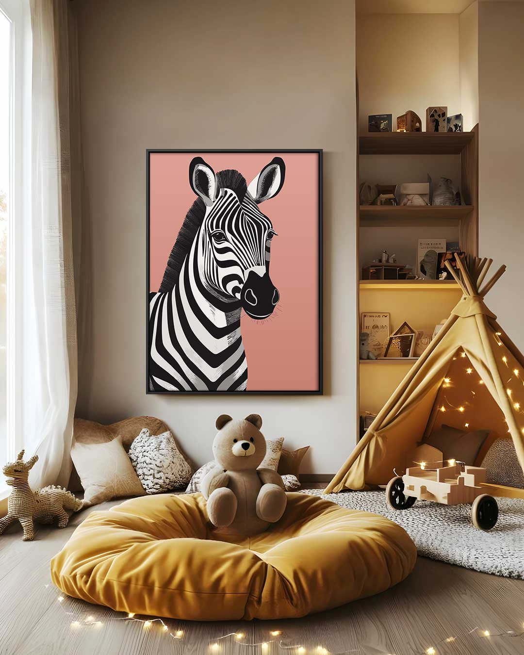 Zebra Portret op Roze Achtergrond – modern portret kunstwerk van WallArtistic