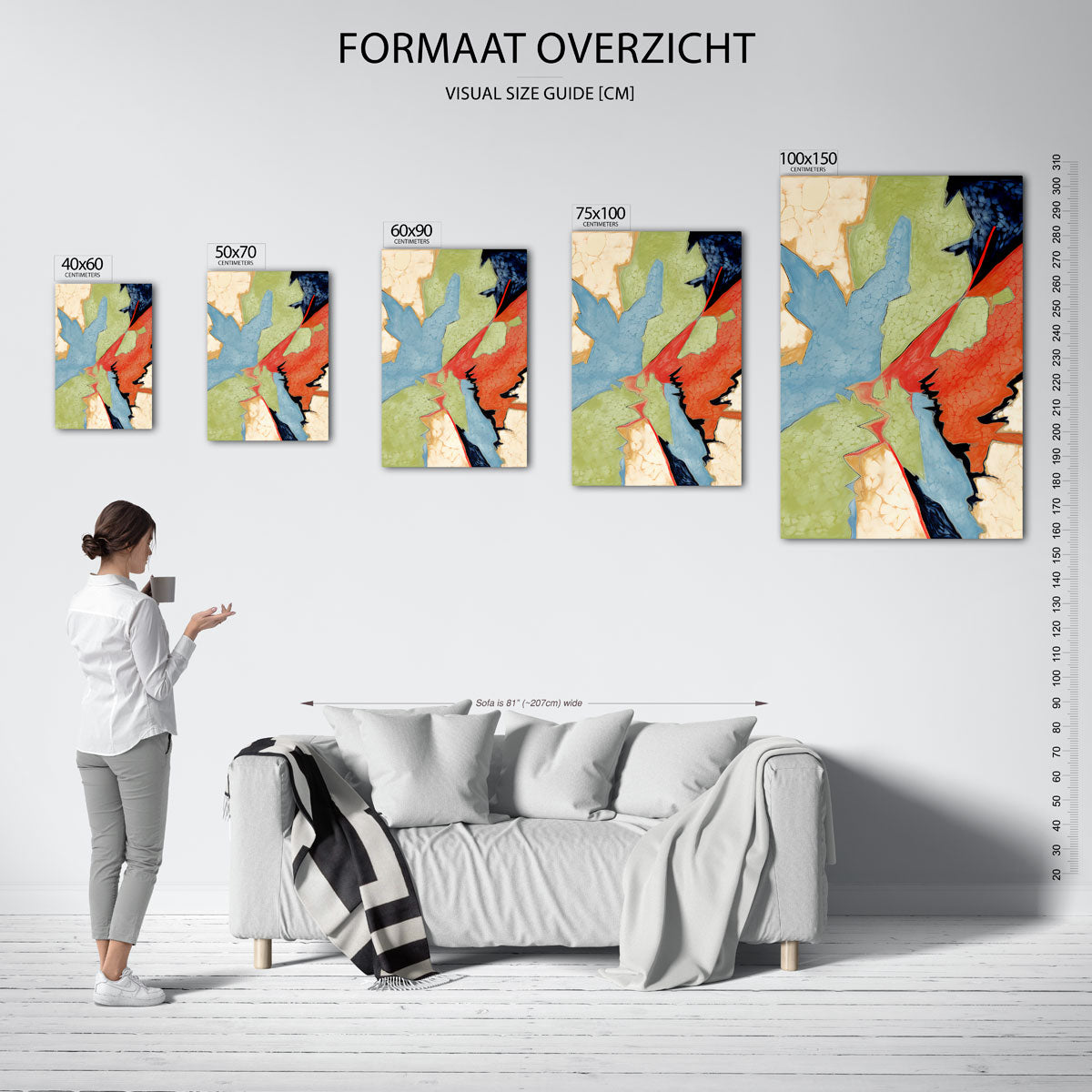 Dynamische kleurencompositie – staand wanddecoratie kunstwerk