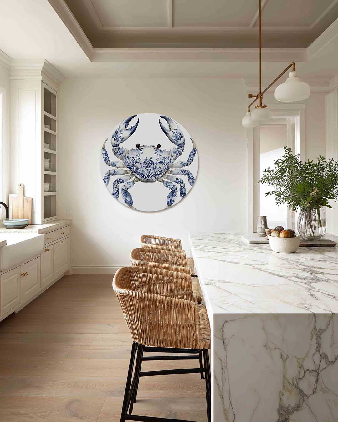 Blauw witte krab – Pop Art muurcirkel als ronde wanddecoratie