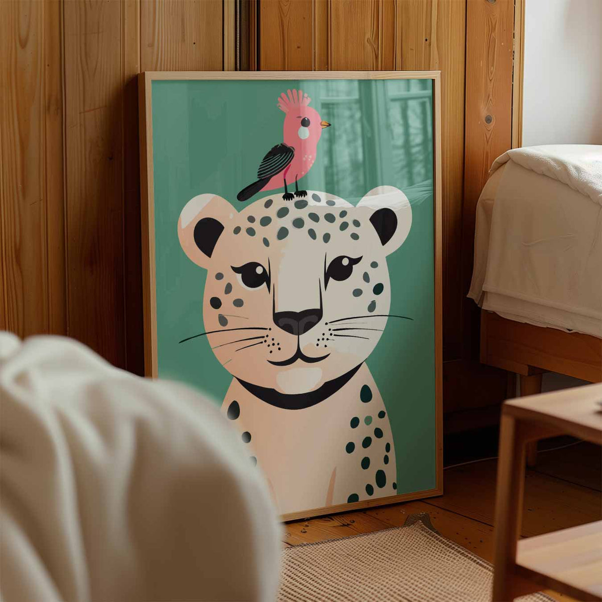 Vrolijke Luipaard en Vogel – kinderposter in staand formaat