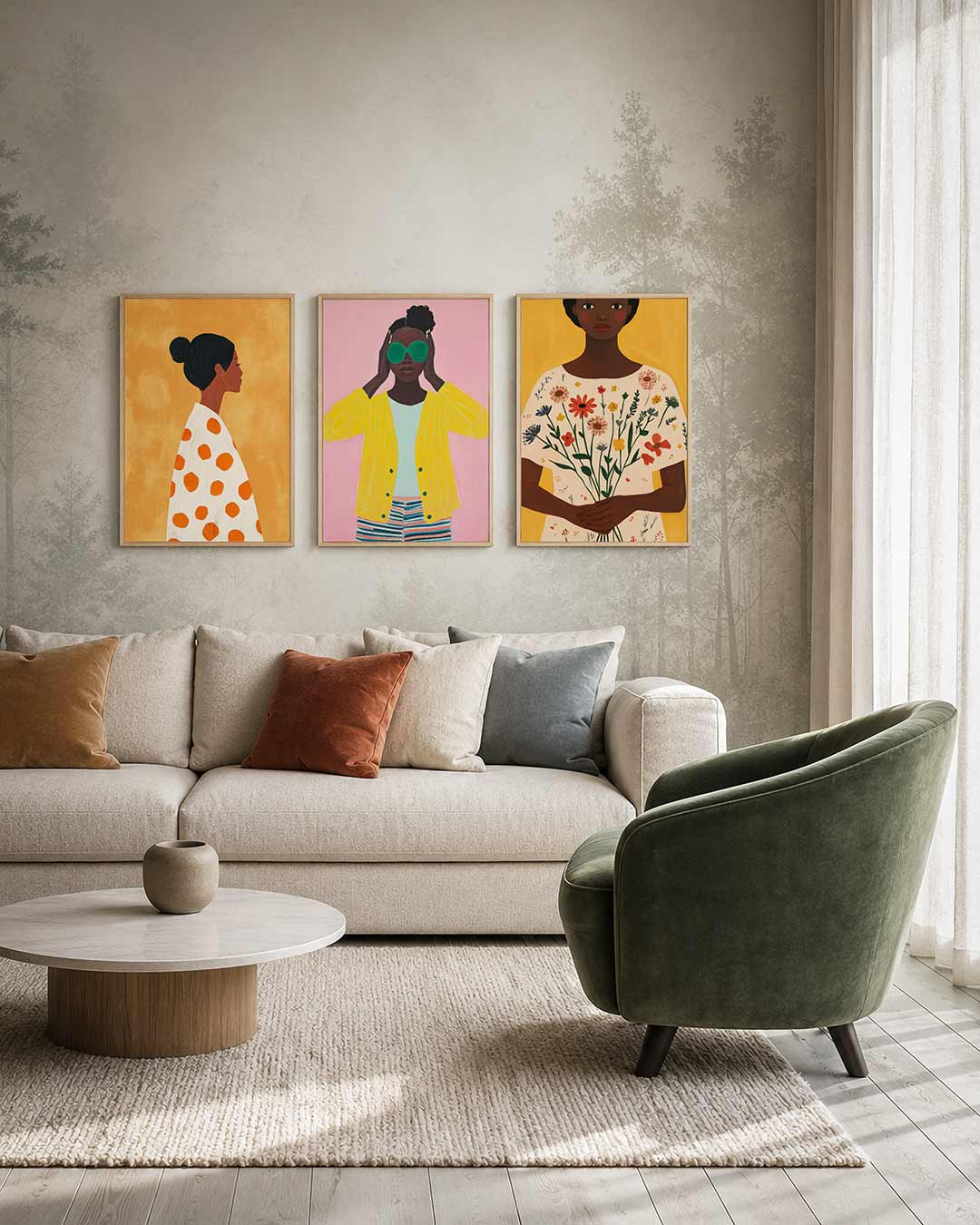 Vorm en kleur driedelige posterset – een silhouet in profiel tegen een warme, okergele