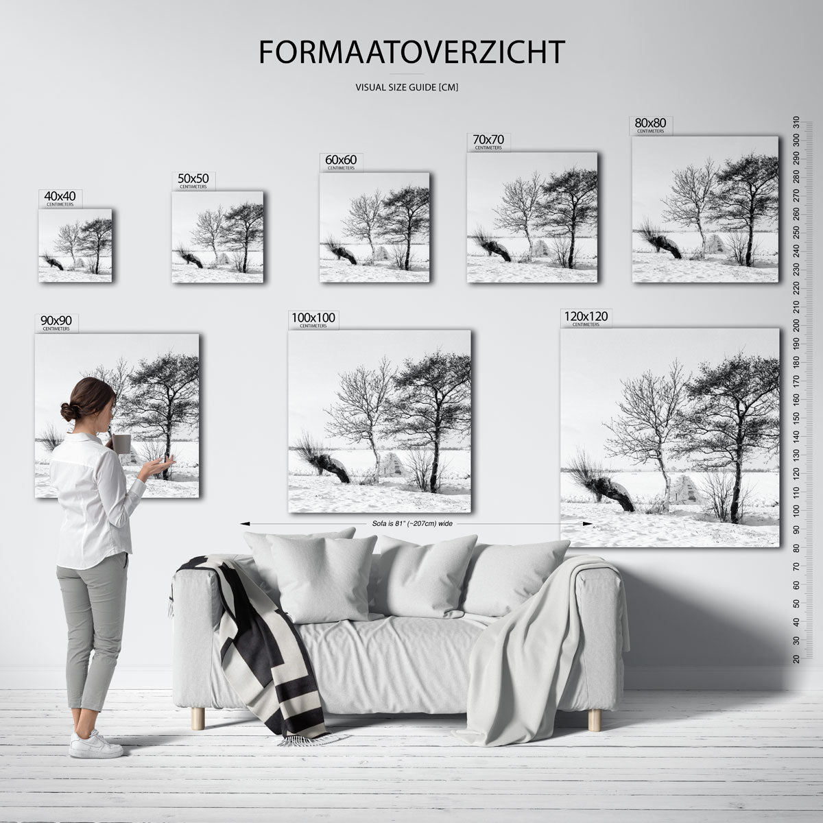 Winterlandschap met bomen kunstwerk – materiaalweergave – deze kunstwerk toont een serene winterse scène met twee bomen in