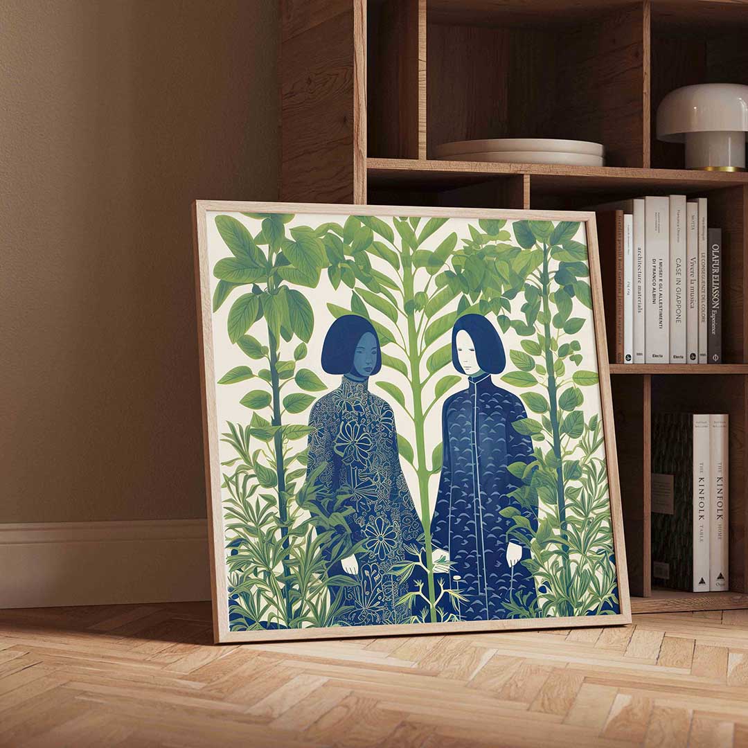 Twee figuren tussen groene planten – geïllustreerde wandkunst als vierkante poster