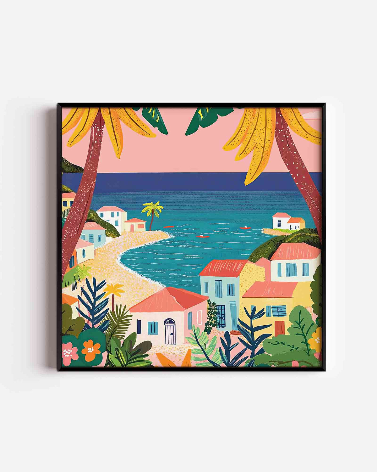 Strandhuisjes en palmbomen – jungle vierkante poster als wanddecoratie