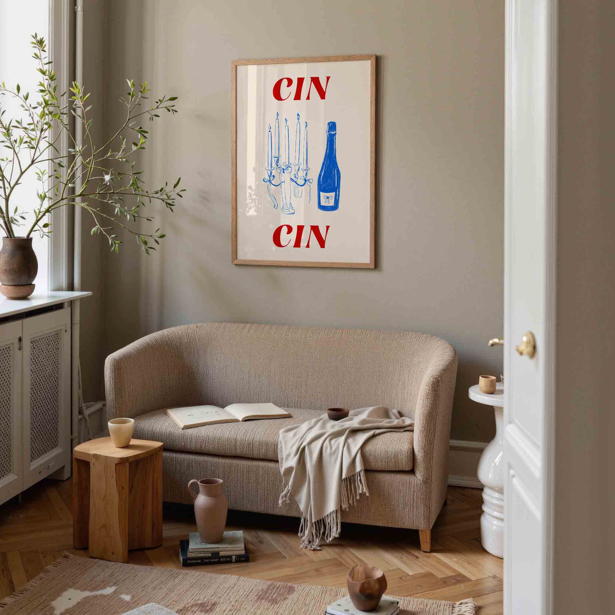 Cin cin fles en kaarsen – rustige poster in staand formaat