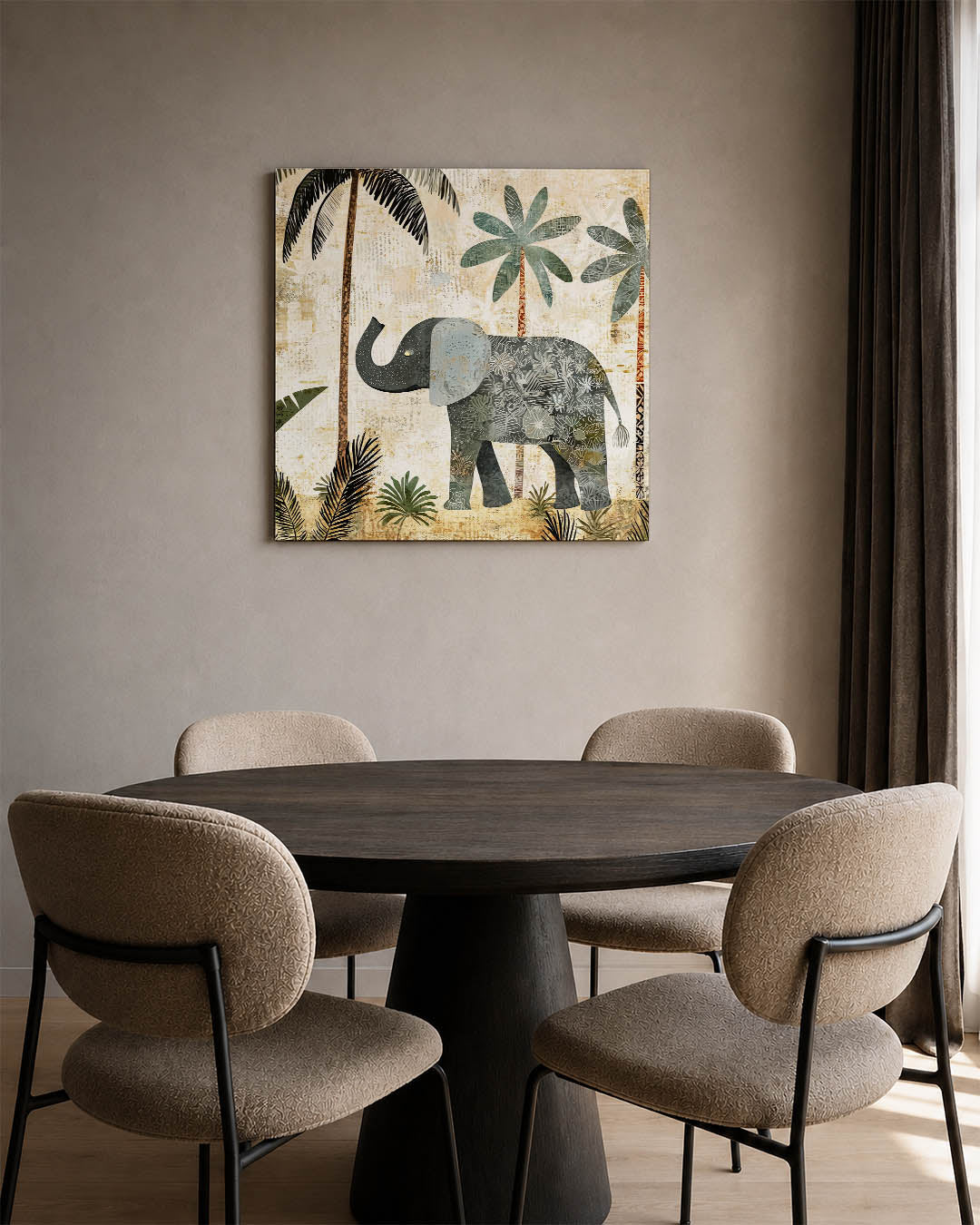 Olifant en palmbomen kunstwerk – derde productweergave – dit werk toont een olifant omringd door palmbomen en bladeren. De