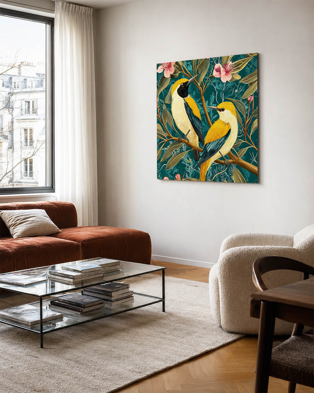 Vogels en bloemen kunstwerk – vierkante wanddecoratie – dit kunstwerk toont twee vogels met levendige kleuren, omringd door