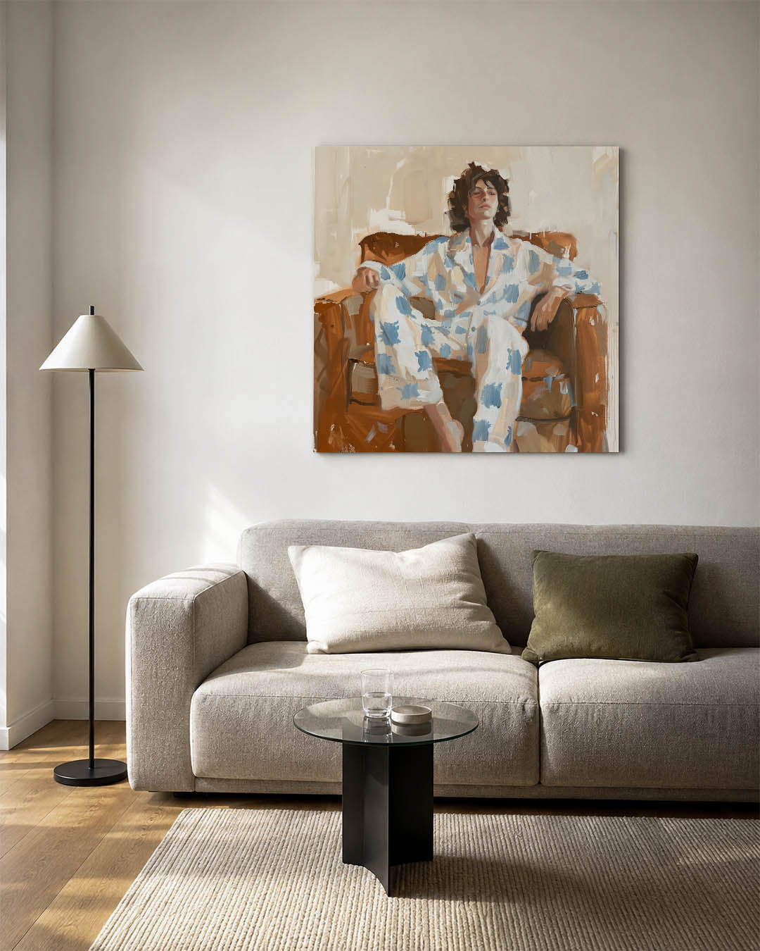 Ontspannen moment kunstwerk – vierkante wanddecoratie – dit kunstwerk toont een persoon zittend in een stoel, gehuld in een